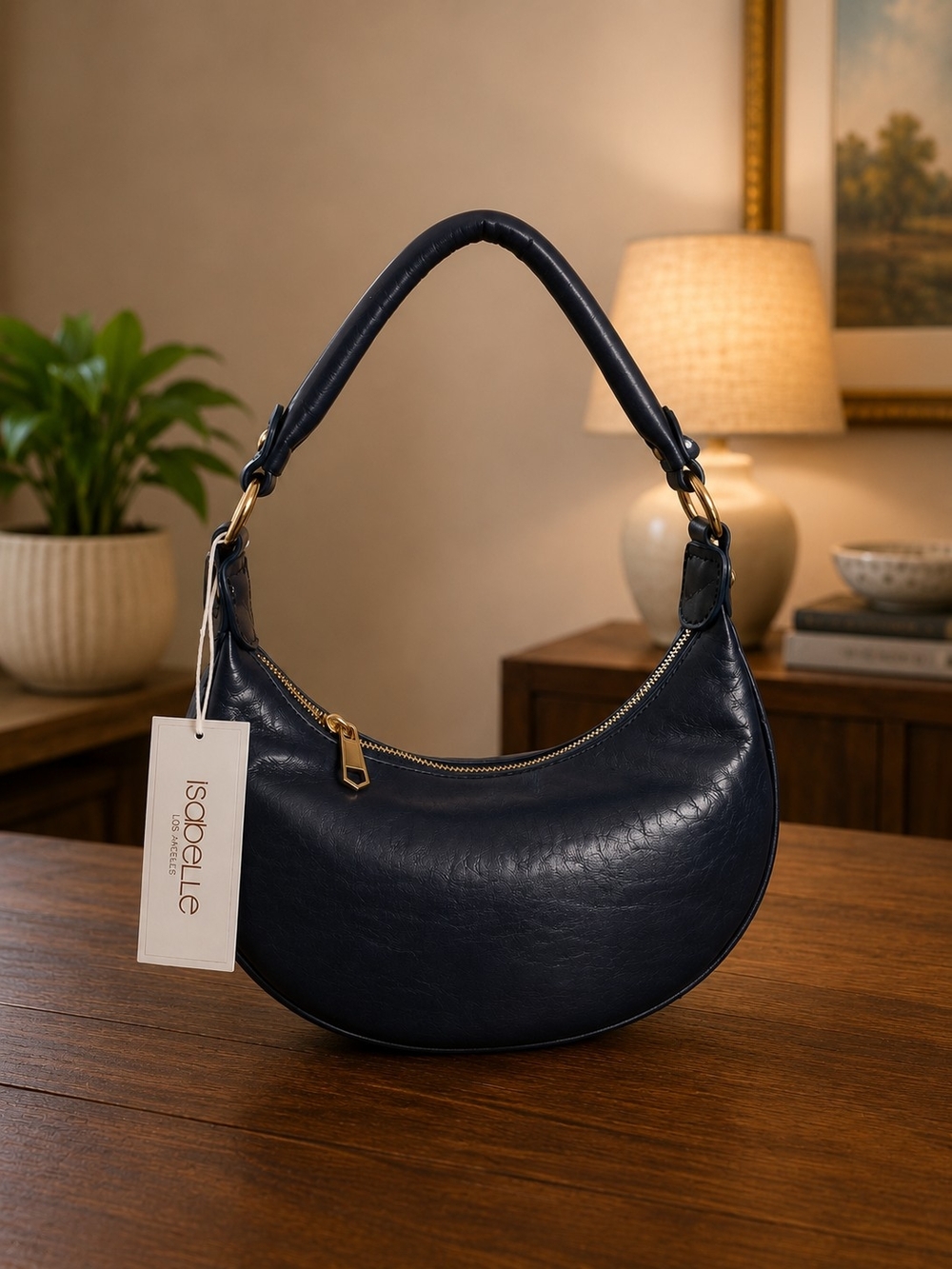 Isabelle Curved Crescent Shoulder Bag in Navy - Picture 5 of 5
